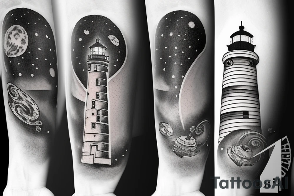 Light house with outer space above tattoo idea