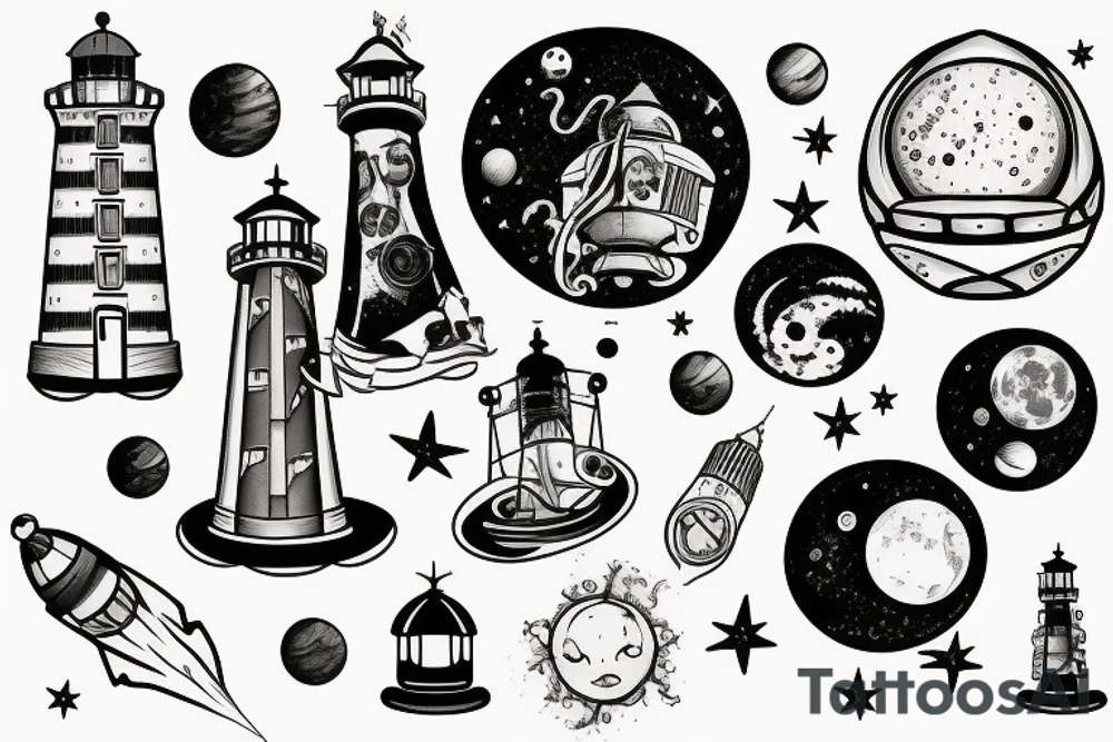 Light house with outer space above tattoo idea
