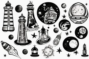 Light house with outer space above tattoo idea