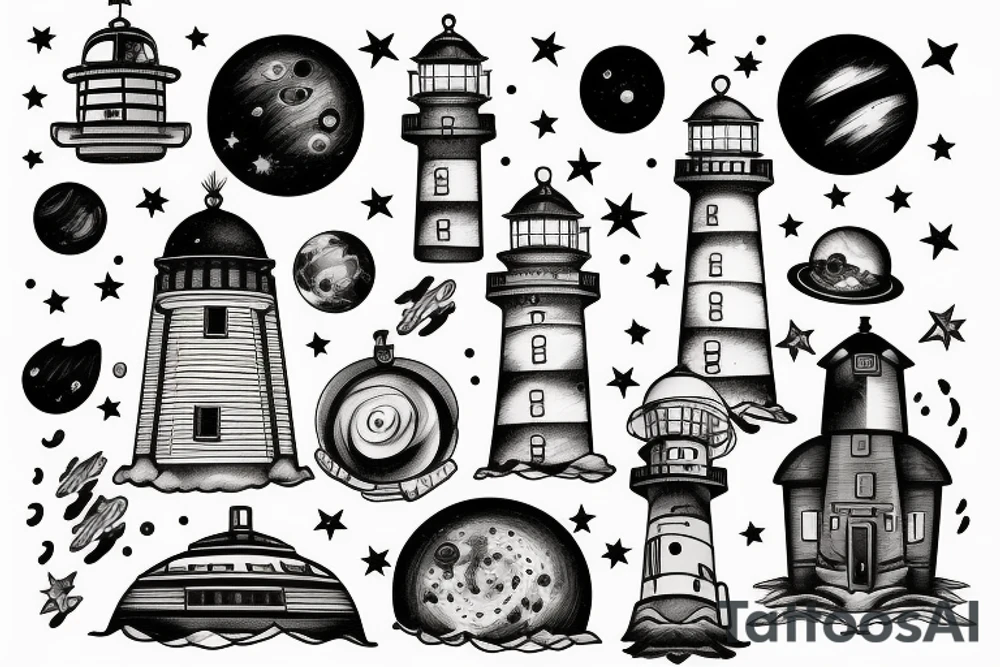 Light house with outer space above tattoo idea