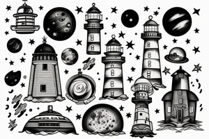 Light house with outer space above tattoo idea