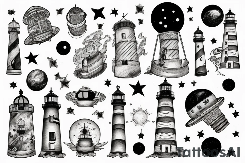 Light house with outer space above tattoo idea