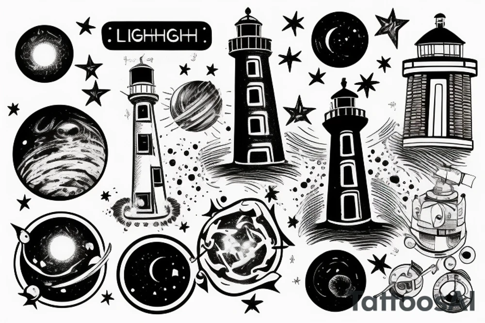 Light house with outer space above tattoo idea