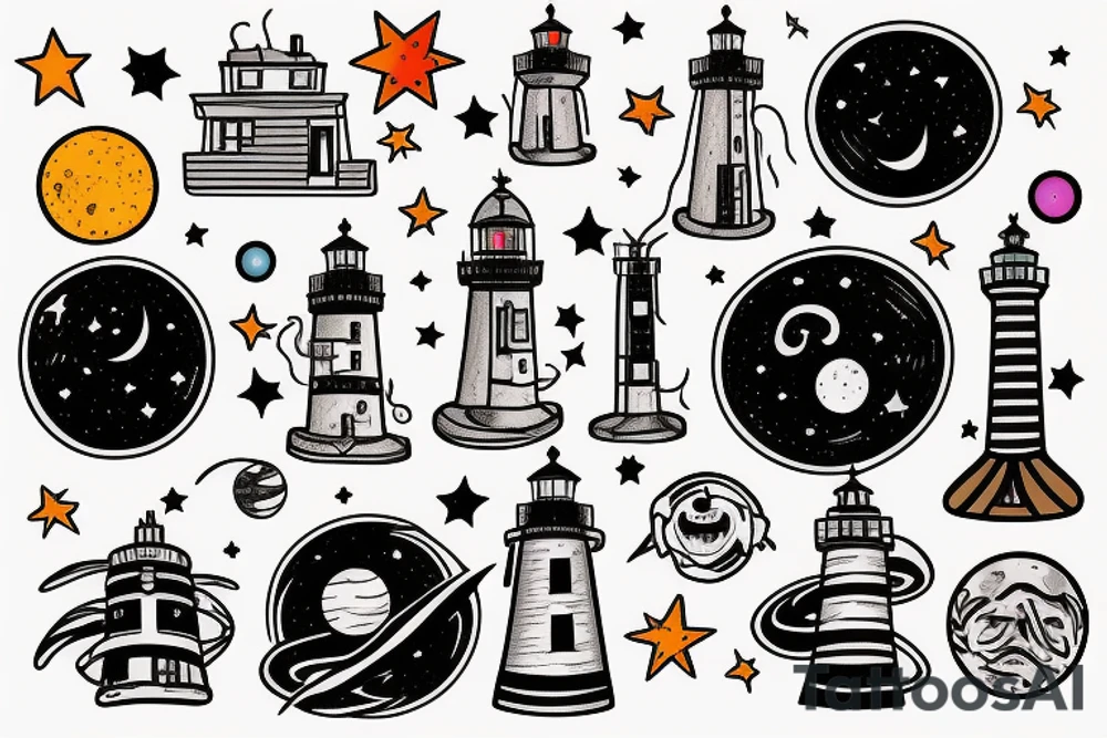 Light house with outer space above tattoo idea