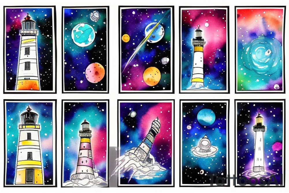 Light house with outer space above tattoo idea