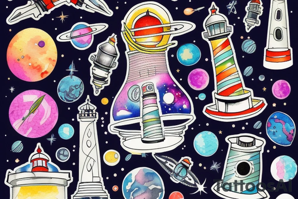 Light house with outer space above tattoo idea