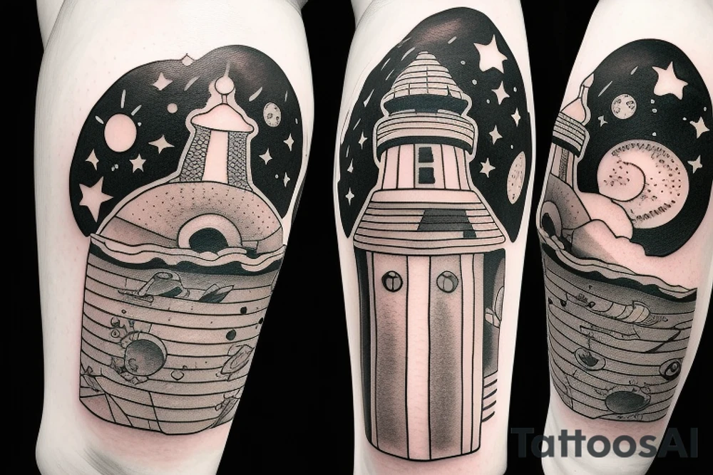 Light house with outer space above tattoo idea