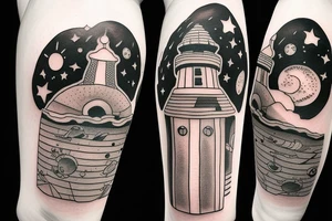 Light house with outer space above tattoo idea
