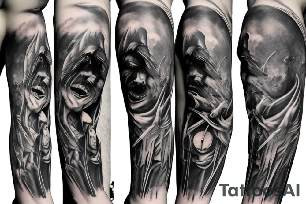 Show me a full arm sleeve tattoo for men that includes dark symbolism, evil gods and other dark things tattoo idea