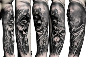 Show me a full arm sleeve tattoo for men that includes dark symbolism, evil gods and other dark things tattoo idea