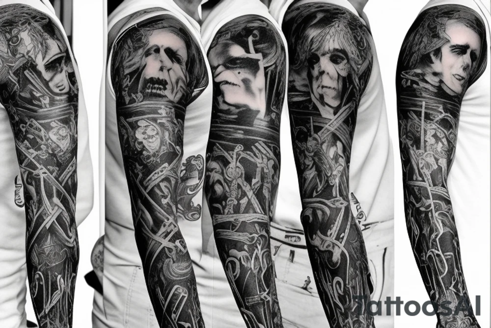 Show me a full arm sleeve tattoo for men that includes dark symbolism, evil gods and other dark things tattoo idea