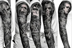 Show me a full arm sleeve tattoo for men that includes dark symbolism, evil gods and other dark things tattoo idea