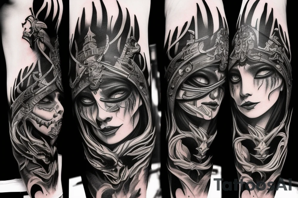 Show me a full arm sleeve tattoo for men that includes dark symbolism, evil gods and other dark things tattoo idea
