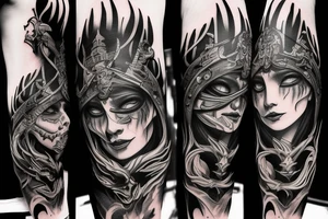 Show me a full arm sleeve tattoo for men that includes dark symbolism, evil gods and other dark things tattoo idea