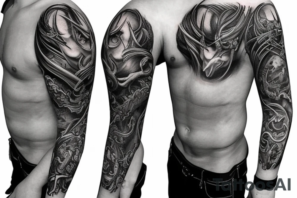 Show me a full arm sleeve tattoo for men that includes dark symbolism, evil gods and other dark things tattoo idea