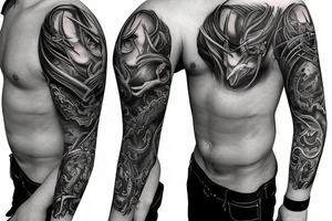 Show me a full arm sleeve tattoo for men that includes dark symbolism, evil gods and other dark things tattoo idea