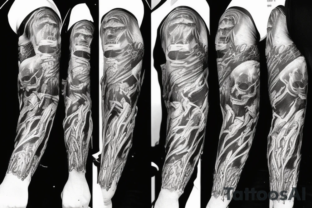 Show me a full arm sleeve tattoo for men that includes dark symbolism, evil gods and other dark things tattoo idea