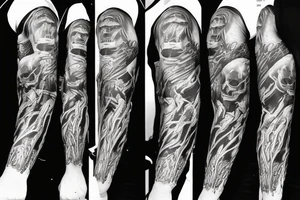 Show me a full arm sleeve tattoo for men that includes dark symbolism, evil gods and other dark things tattoo idea