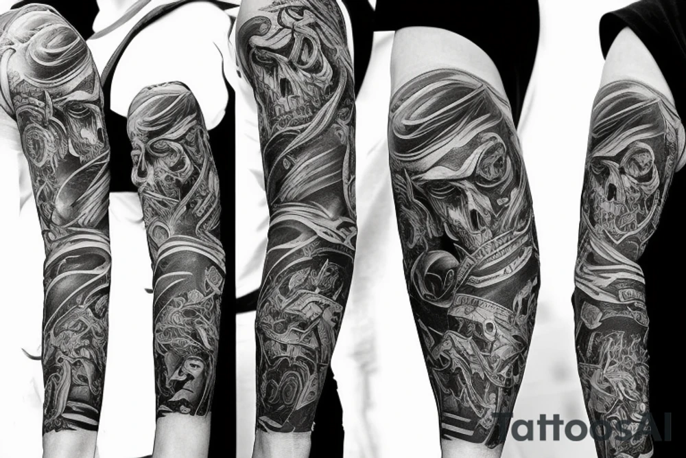 Show me a full arm sleeve tattoo for men that includes dark symbolism, evil gods and other dark things tattoo idea