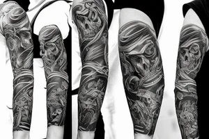 Show me a full arm sleeve tattoo for men that includes dark symbolism, evil gods and other dark things tattoo idea