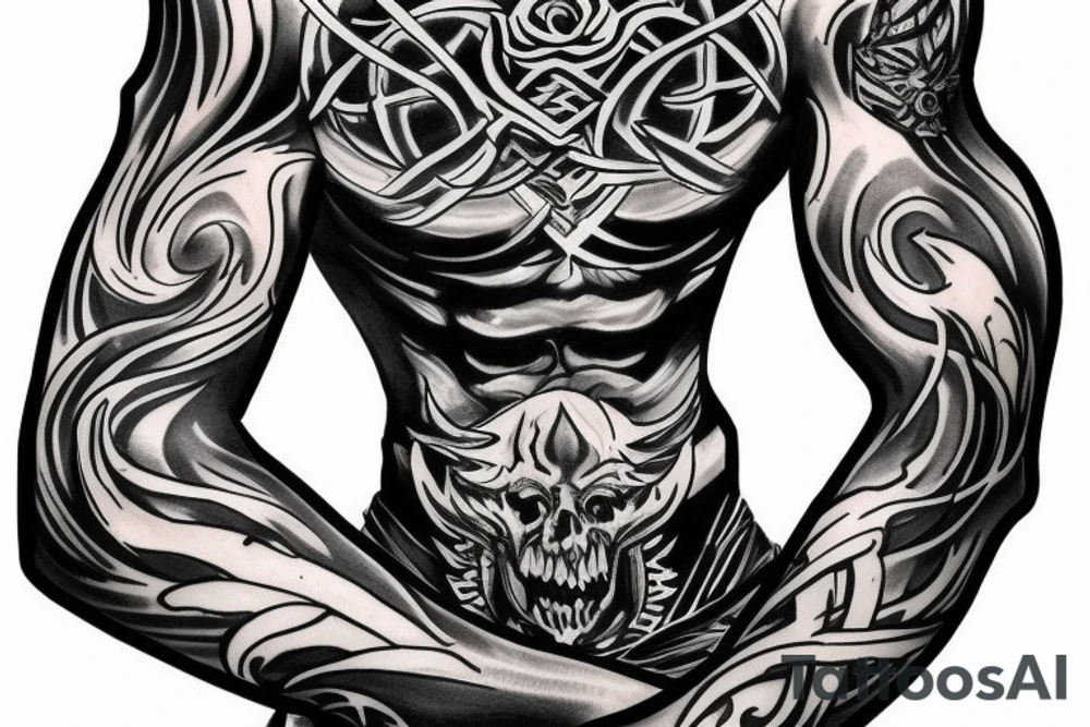 Show me a full arm sleeve tattoo for men that includes dark symbolism, evil gods and other dark things tattoo idea