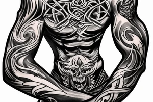 Show me a full arm sleeve tattoo for men that includes dark symbolism, evil gods and other dark things tattoo idea