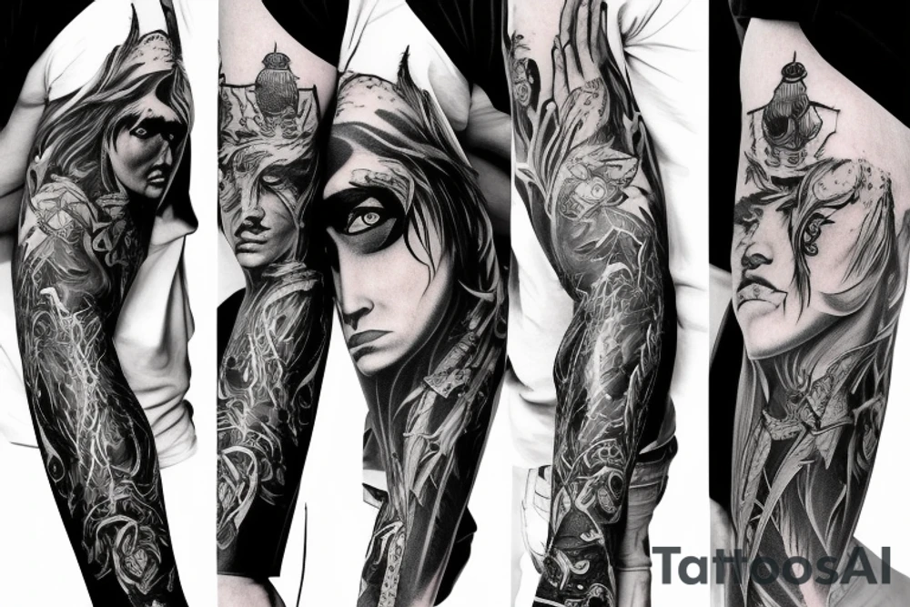 Show me a full arm sleeve tattoo for men that includes dark symbolism, evil gods and other dark things tattoo idea