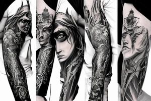 Show me a full arm sleeve tattoo for men that includes dark symbolism, evil gods and other dark things tattoo idea