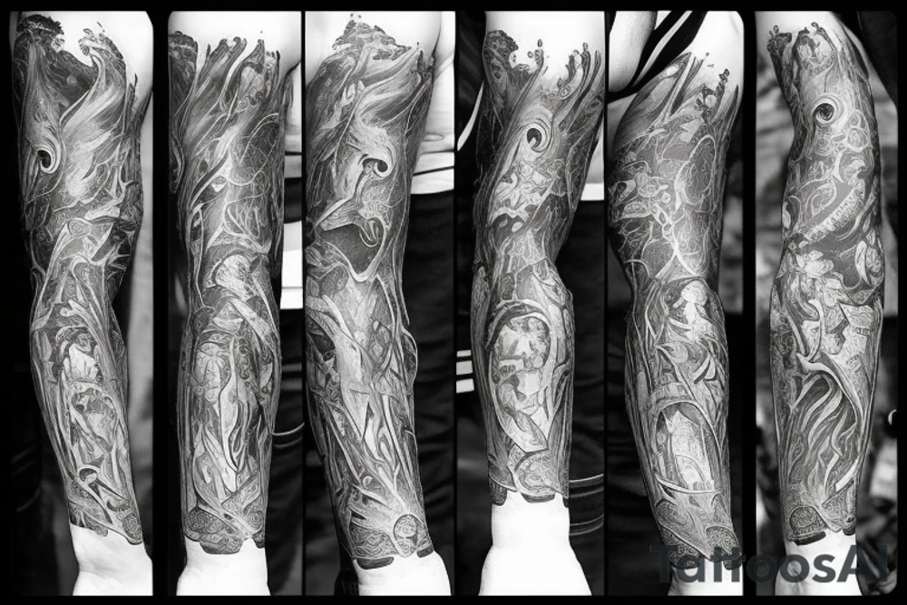 Show me a full arm sleeve tattoo for men that includes dark symbolism, evil gods and other dark things tattoo idea