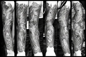 Show me a full arm sleeve tattoo for men that includes dark symbolism, evil gods and other dark things tattoo idea