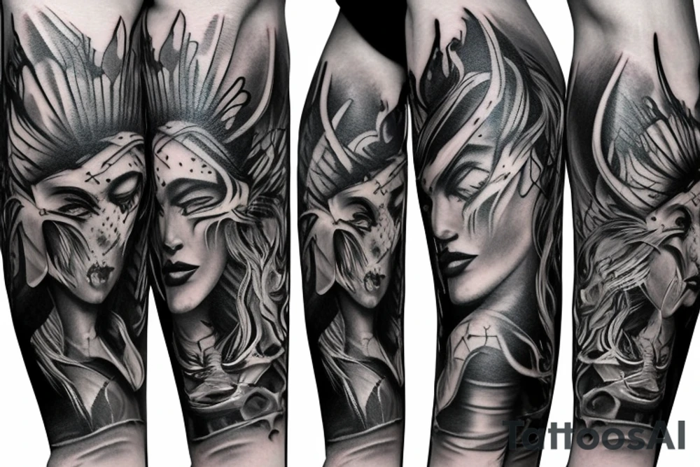 Show me a full arm sleeve tattoo for men that includes dark symbolism, evil gods and other dark things tattoo idea