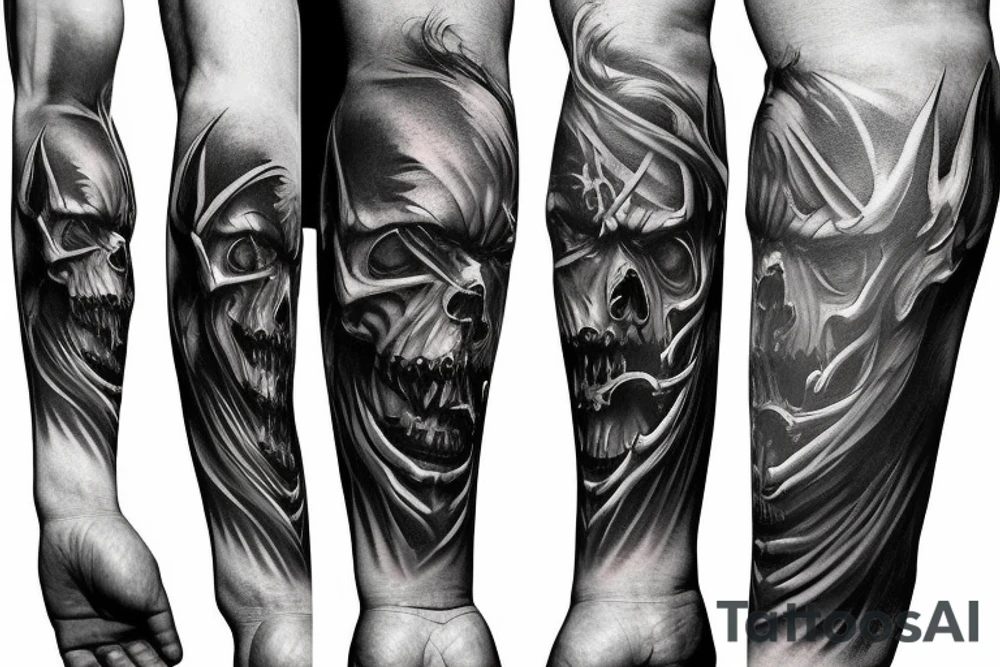 Show me a full arm sleeve tattoo for men that includes dark symbolism, evil gods and other dark things tattoo idea