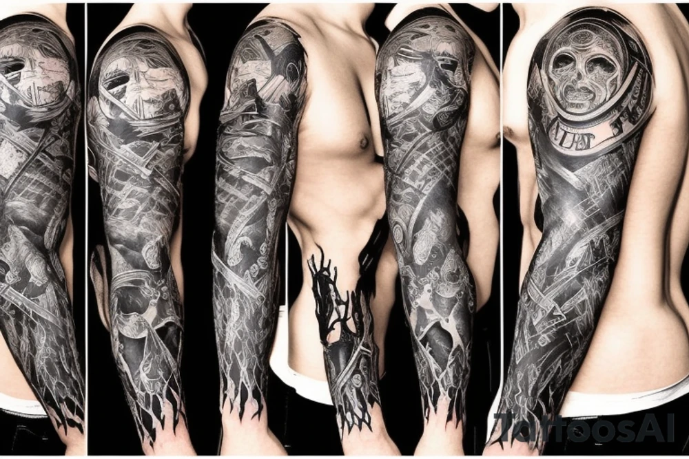 Show me a full arm sleeve tattoo for men that includes dark symbolism, evil gods and other dark things tattoo idea