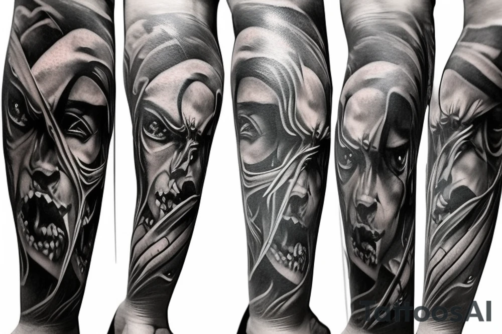 Show me a full arm sleeve tattoo for men that includes dark symbolism, evil gods and other dark things tattoo idea