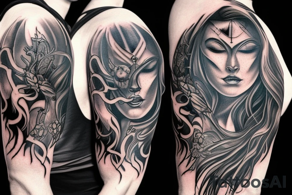 Show me a full arm sleeve tattoo for men that includes dark symbolism, evil gods and other dark things tattoo idea
