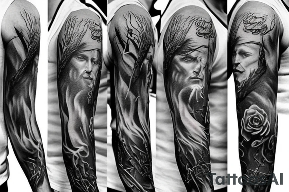 Show me a full arm sleeve tattoo for men that includes dark symbolism, evil gods and other dark things tattoo idea