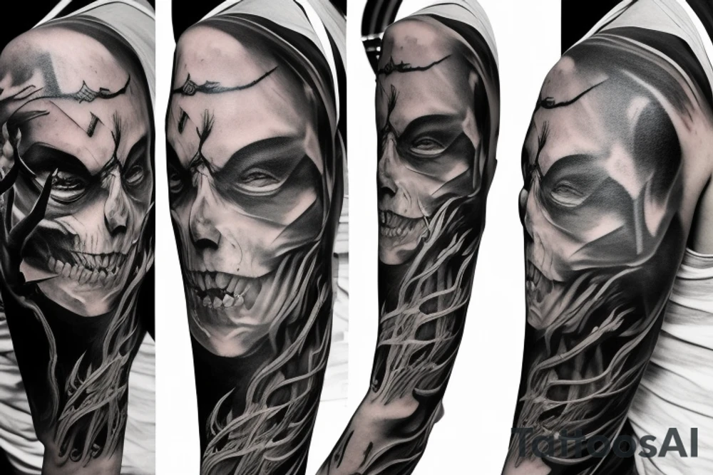 Show me a full arm sleeve tattoo for men that includes dark symbolism, evil gods and other dark things tattoo idea