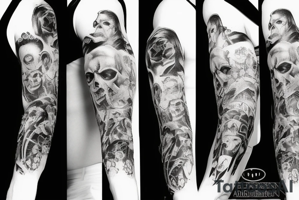 Show me a full arm sleeve tattoo for men that includes dark symbolism, evil gods and other dark things tattoo idea