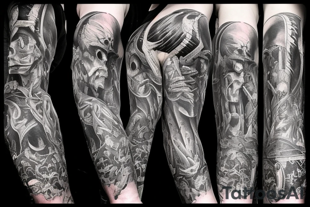 Show me a full arm sleeve tattoo for men that includes dark symbolism, evil gods and other dark things tattoo idea