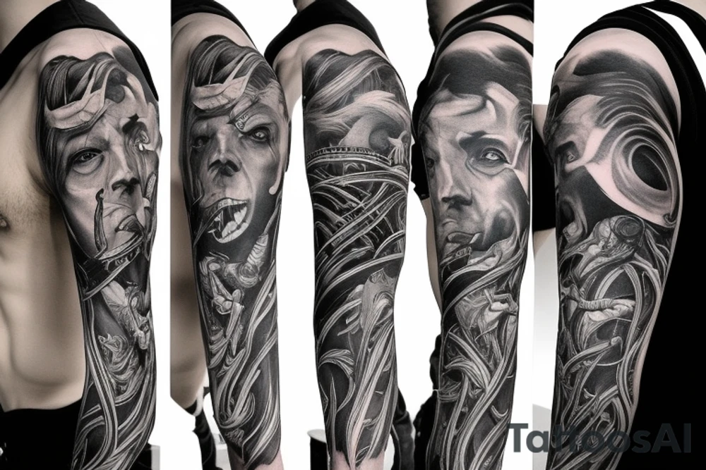 Show me a full arm sleeve tattoo for men that includes dark symbolism, evil gods and other dark things tattoo idea