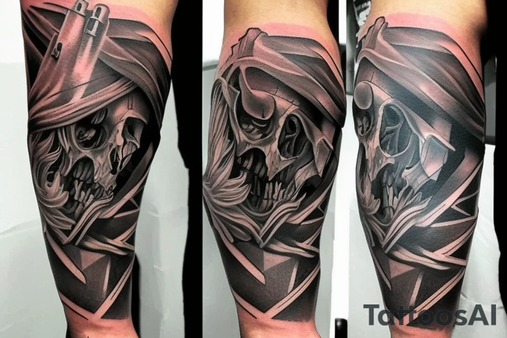 Show me a full arm sleeve tattoo for men that includes dark symbolism, evil gods and other dark things tattoo idea
