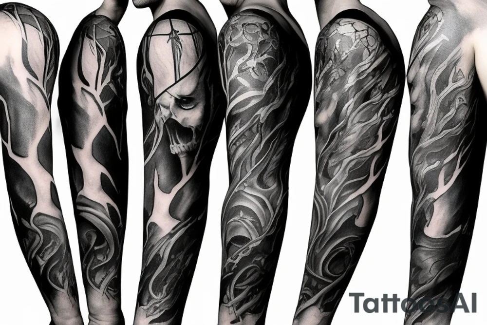 Show me a full arm sleeve tattoo for men that includes dark symbolism, evil gods and other dark things tattoo idea