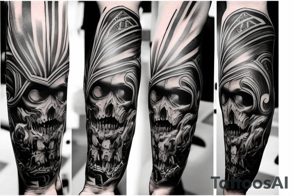 Show me a full arm sleeve tattoo for men that includes dark symbolism, evil gods and other dark things tattoo idea