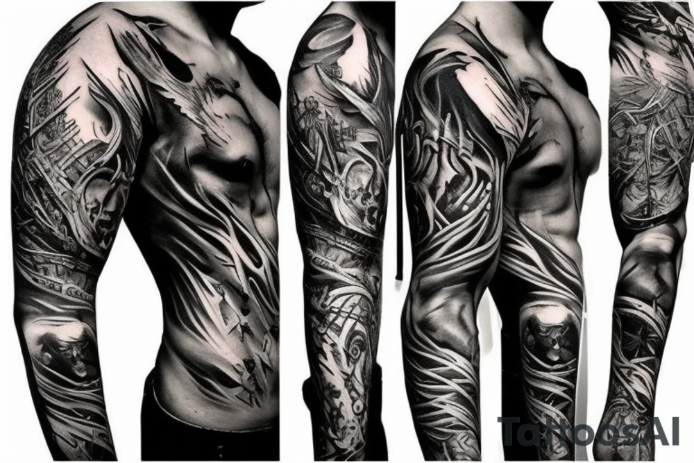 Show me a full arm sleeve tattoo for men that includes dark symbolism, evil gods and other dark things tattoo idea