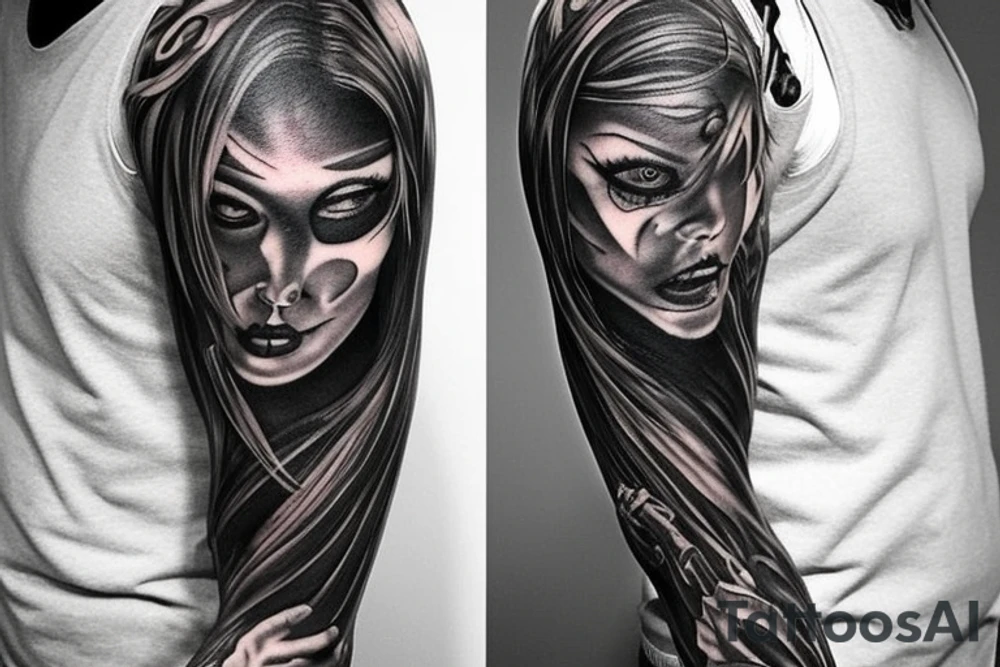 Show me a full arm sleeve tattoo for men that includes dark symbolism, evil gods and other dark things tattoo idea