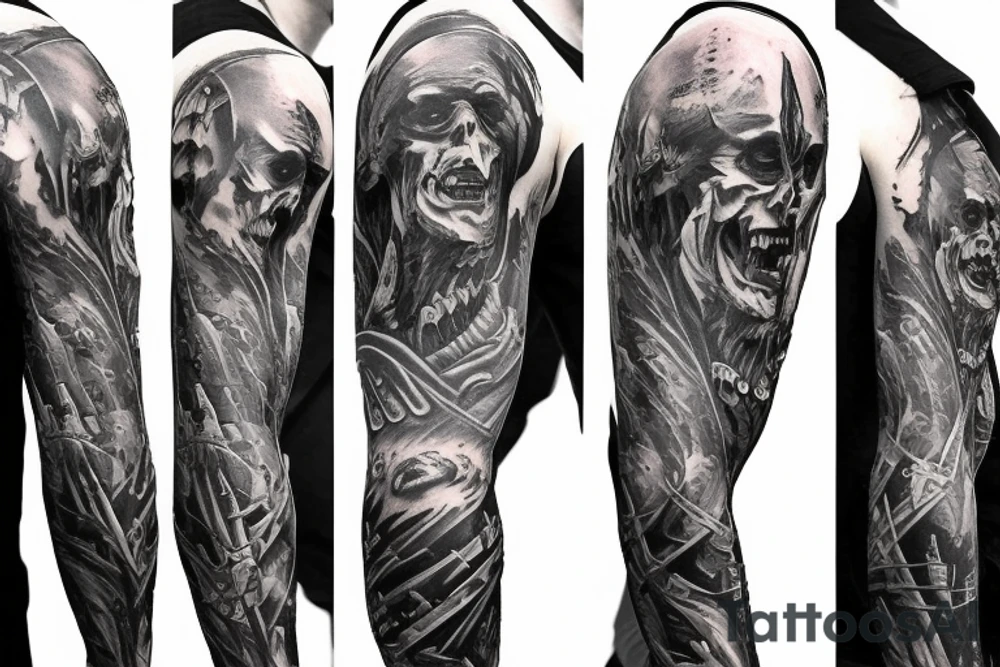 Show me a full arm sleeve tattoo for men that includes dark symbolism, evil gods and other dark things tattoo idea