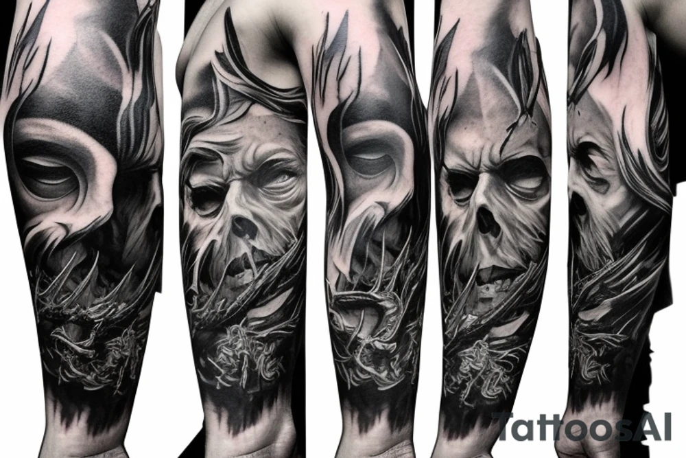 Show me a full arm sleeve tattoo for men that includes dark symbolism, evil gods and other dark things tattoo idea