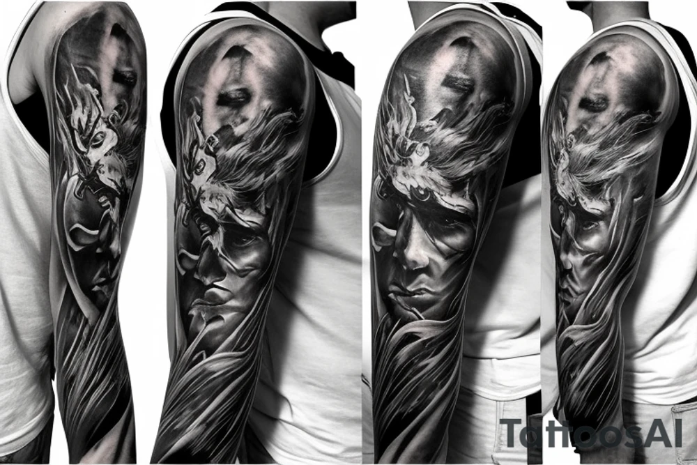 Show me a full arm sleeve tattoo for men that includes dark symbolism, evil gods and other dark things tattoo idea