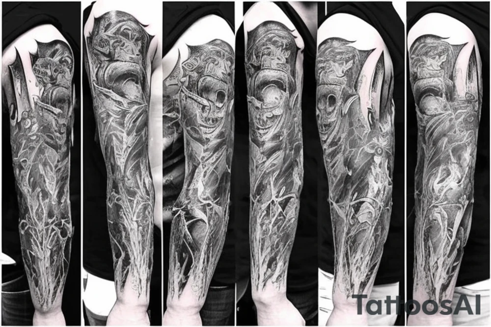 Show me a full arm sleeve tattoo for men that includes dark symbolism, evil gods and other dark things tattoo idea