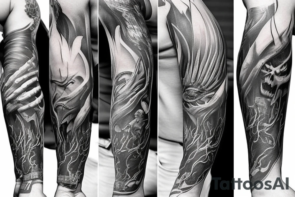 Show me a full arm sleeve tattoo for men that includes dark symbolism, evil gods and other dark things tattoo idea